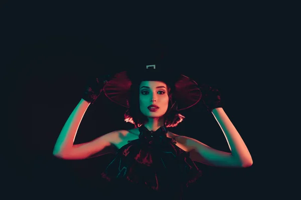 Photo of frightening seductive mystic lady wear black dress arms gothic headwear isolated gradient color background — Stock Photo, Image