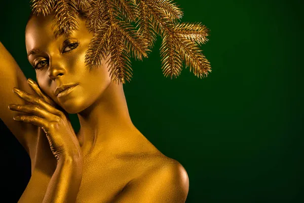 Foto der ästhetischen Dame berühren Gesicht immergrünen Zweig Neujahr glänzend kreative Werbung isoliert auf grünem Hintergrund — Stockfoto