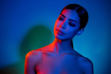 Photo of gentle luxurious lady futuristic disco event enjoy isolated bright abstract effect color background