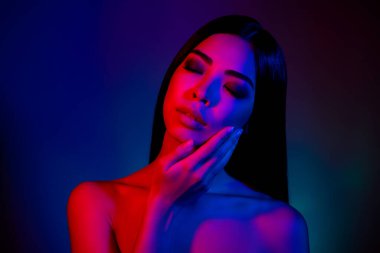 Photo of stunning lady touch hand cheeks silky skin lotion isolated bright glowing colorful background