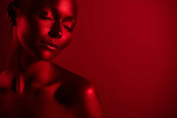 Close up photo of elegant stunning lady fantasize eyes closed isolated on dark red futuristic color background — Stock Photo, Image