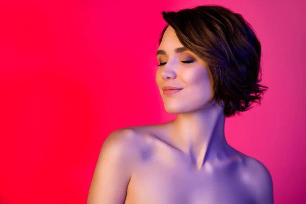 Profile photo of cool short hairdo young lady without clothes closed eyes isolated on vibrant neon red color background — ストック写真