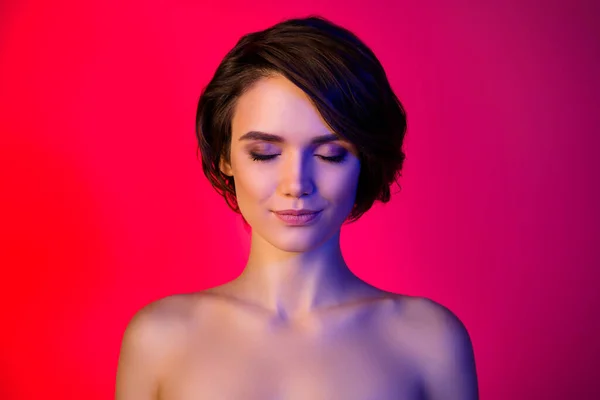 Photo of nice short hairdo young lady without clothes closed eyes isolated on vibrant neon red color background — Φωτογραφία Αρχείου