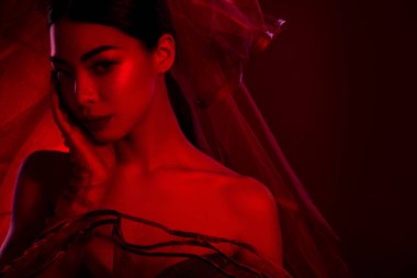 Close up photo of dark bride lady wear veil costume halloween holiday carnival isolated gradient maroon color background.