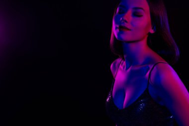 Young stunning girl demonstrating her perfectly shaped body closing eyes feel good advertising underwear collection.