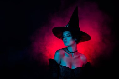 Photo of charming lady magician on theme carnival fest wear witchery costume isolated on fog dark colored background.