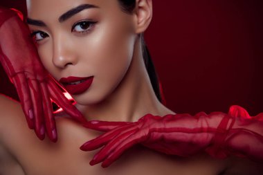 Yakut rengi arka planda izole edilmiş zengin randevu etkinliği için eldiven giyen lüks bir bayanın fotoğrafını çek..