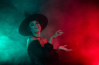 Cadılar Bayramı temalı karnaval bayanı posteri Büyücü kılığına girmiş karakter boş uzay sisi arkaplanı gösteriyor.