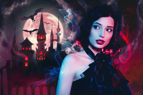 Collage banner of frightening mystic lady wear black dress gothic isolated red gradient color castle pianted picture.