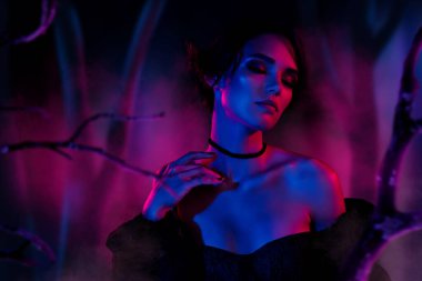 Canlı canlı orman arka planında izole edilmiş yumuşak sihirli vampir kadın maskeli kolajı..