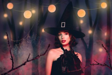 Zalim gizemli kadının kolaj posteri gotik cadı elbisesi giyer izole koyu renk arkaplan resmi..