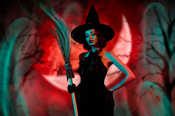 神秘女士哥特式手持飞天扫帚的拼贴图像孤立的深红色烟熏彩绘图像 — 图库照片