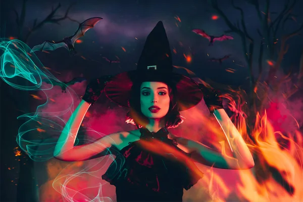 Collage Banner Frightening Mystic Lady Witch Burning Fire Gothic Isolated — Stock Photo, Image