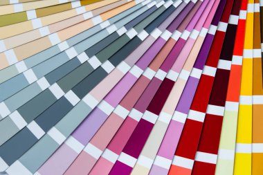 İç tasarım ve dekorasyonda kullanılacak renk aralığını gösteren renk rehberi. Renkli renk rehberi. Beyaz arkaplanda boya örnekleri ve kopya alanı var. Renklendirme kataloğu