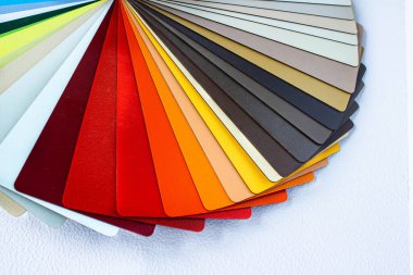 İç tasarım ve dekorasyonda kullanılacak renk aralığını gösteren renk rehberi. Renkli renk rehberi. Beyaz arkaplanda boya örnekleri ve kopya alanı var. Renklendirme kataloğu