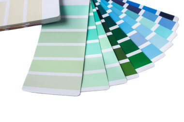 İç tasarım ve dekorasyonda kullanılacak renk aralığını gösteren renk rehberi. Renkli renk rehberi. Beyaz arkaplanda boya örnekleri ve kopya alanı var. Örnek Paleti RAW WCP