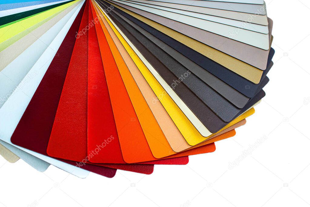 Color guide displaying a range of hues for use in interior design and decoration. Colorful color guide with palette of paint samples on white background with copy space. Catalog for tinting