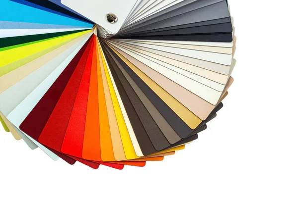 Color guide displaying a range of hues for use in interior design and decoration. Colorful color guide with palette of paint samples on white background with copy space. Catalog for tinting