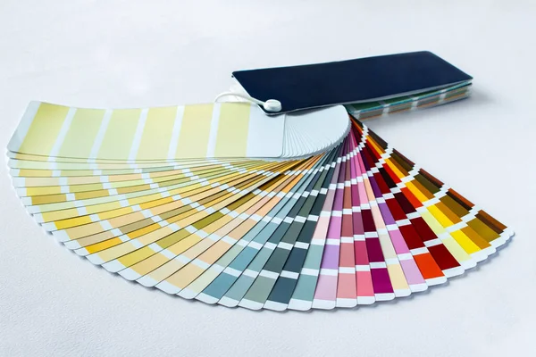 Color guide displaying a range of hues for use in interior design and decoration. Colorful color guide with palette of paint samples on white background with copy space. Palette of samples RAW WCP