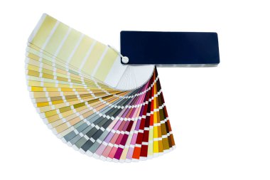 İç tasarım ve dekorasyonda kullanılacak renk aralığını gösteren renk rehberi. Renkli renk rehberi. Beyaz arkaplanda boya örnekleri ve kopya alanı var. Örnek Paleti RAW WCP.