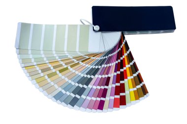 İç tasarım ve dekorasyonda kullanılacak renk aralığını gösteren renk rehberi. Renkli renk rehberi. Beyaz arkaplanda boya örnekleri ve kopya alanı var. Örnek Paleti RAW WCP.