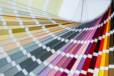 İç tasarım ve dekorasyonda kullanılacak renk aralığını gösteren renk rehberi. Renkli renk rehberi. Beyaz arkaplanda boya örnekleri ve kopya alanı var. Örnek Paleti RAW WCP.