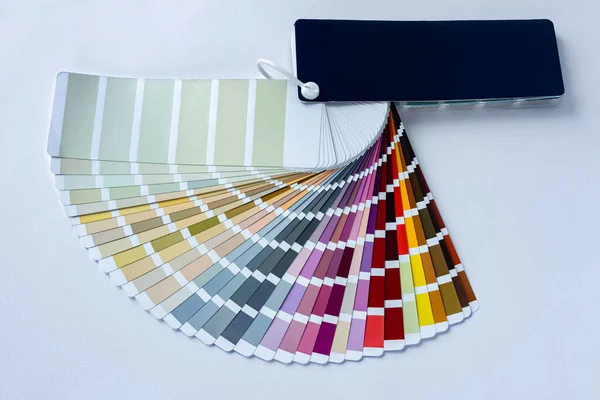 Color guide displaying a range of hues for use in interior design and decoration. Colorful color guide with palette of paint samples on white background with copy space. Palette of samples RAW WCP.