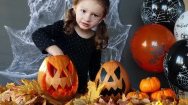 A little curly girl of European appearance pulls candy out of a halloween pumpkin with a funny face on a black background with spider webs, autumn leaves and balloons. Trick or treat