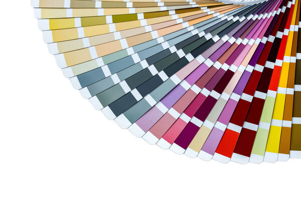 Color guide displaying a range of hues for use in interior design and decoration. Colorful color guide with palette of paint samples on white background with copy space. Palette of samples RAW WCP