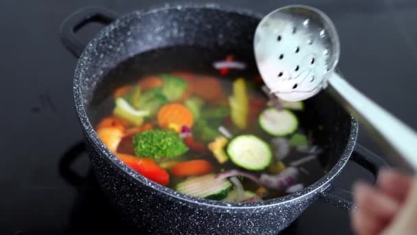 Vegetables Boiled Casserole Vegetables Spin Pot Hot Water Slow Motion — Video
