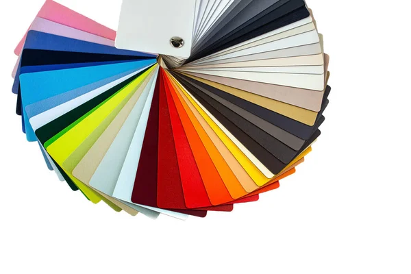 Color guide displaying a range of hues for use in interior design and decoration. Colorful color guide with palette of paint samples on white background with copy space. Catalog for tinting.