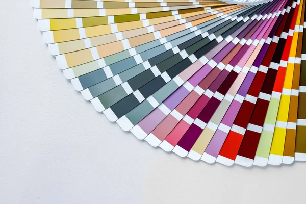 Color guide displaying a range of hues for use in interior design and decoration. Colorful color guide with palette of paint samples on white background with copy space. Palette of samples RAW WCP.