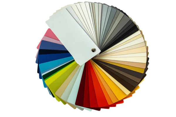 Color guide displaying a range of hues for use in interior design and decoration. Colorful color guide with palette of paint samples on white background with copy space. Catalog for tinting.