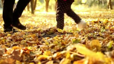 Dad and little daughter are throw up yellow autumn leaves tossed with their feet