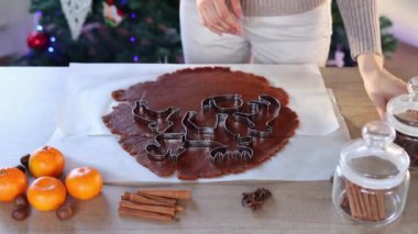 Genç bir kadın Noel ağacının arka planında yavaş çekimde zencefilli ekmek yapıyor. Mutfakta Noel süsü var. Peri ışıklarıyla fidan ağacı. Yeni yıl ve Noel konsepti
