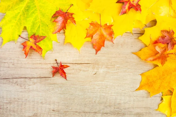 Background Many Yellow Maple Leaves Space Text Wooden Background Autumn — ストック写真