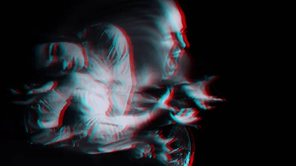Scary portrait of a ghost girl in a white shirt with a blur. Black and white with 3D glitch virtual reality effect — Stock Photo, Image