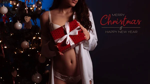 Σέξι κορίτσι με εσώρουχα με ένα δώρο στα χέρια της στέκεται στο χριστουγεννιάτικο δέντρο για το νέο έτος — Φωτογραφία Αρχείου