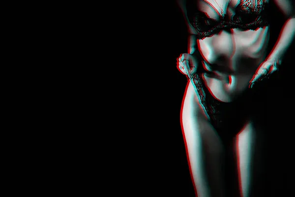 Figure of a thinning girl in her underwear. Sexy womans body. Black and white with 3D glitch effect — Stock Photo, Image