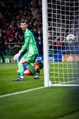 Madrid, İspanya, 23.02.2022, Uefa Şampiyonlar Ligi, Atletico De Madrid ile Manchester United arasındaki ilk turda Joao Felix golü David De Gea 'nın yanında attı.