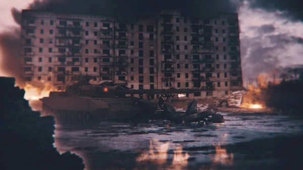 Şehrin caddesinde askeri tanklar var. Askeri harekata karşı mücadele kavramı. 