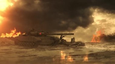 Tank 'ın animasyonu düşmana ateş ediyor. Patlama ve ateş fırtınası. 