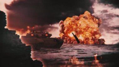Tank 'ın animasyonu düşmana ateş ediyor. Arka planda patlama ve ateş fırtınası. 