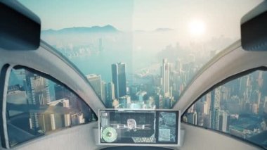 Gün doğumunda büyük şehir merkezinde uçan iki otomatik pilot uçak. Hong Kong şehrinde POV kokpit manzarası ve uçuş taksisi.. 
