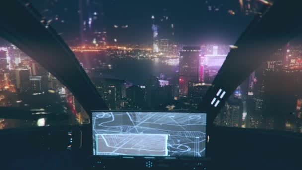 Buitenpost nachtvlucht van de automatische piloot drone taxi. Cockpit uitzicht op vliegende auto en navigatie touch screen paneel. — Stockvideo