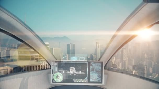 POV zicht in een automatische piloot drone taxi vliegen boven wolkenkrabbers op de grote stad. Hong Kong stad vanuit helikopter cockpit cabine. — Stockvideo