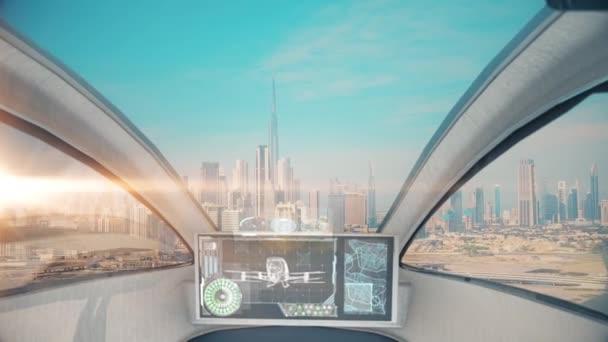 Cockpit uitzicht van autopilot drone taxi naar de futuristische stad met zonsopgang en grote display in een cabine. POV naar Dubai stad vanuit de lucht. — Stockvideo