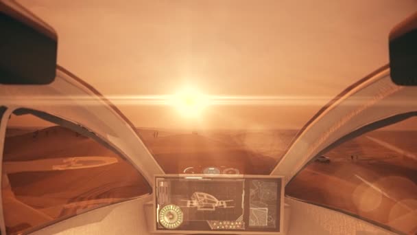 Кабина вертолета с пультом управления внутри кабины в воздушном виде пустыни ОАЭ на закате. Беспилотник летит над пустыней. — стоковое видео