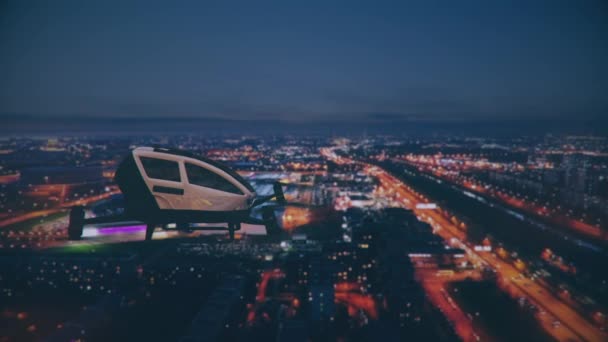 Veículo aéreo autônomo sem motorista voando no fundo da cidade, transporte futuro com conceito de tecnologia 5G — Vídeo de Stock