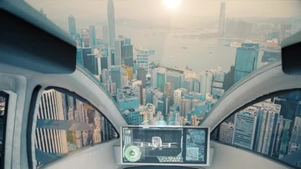 Grupa Autopilot Taksówka Dostarcza Drony Latające Nad Centrum Miasta Wschodzie — Wideo stockowe